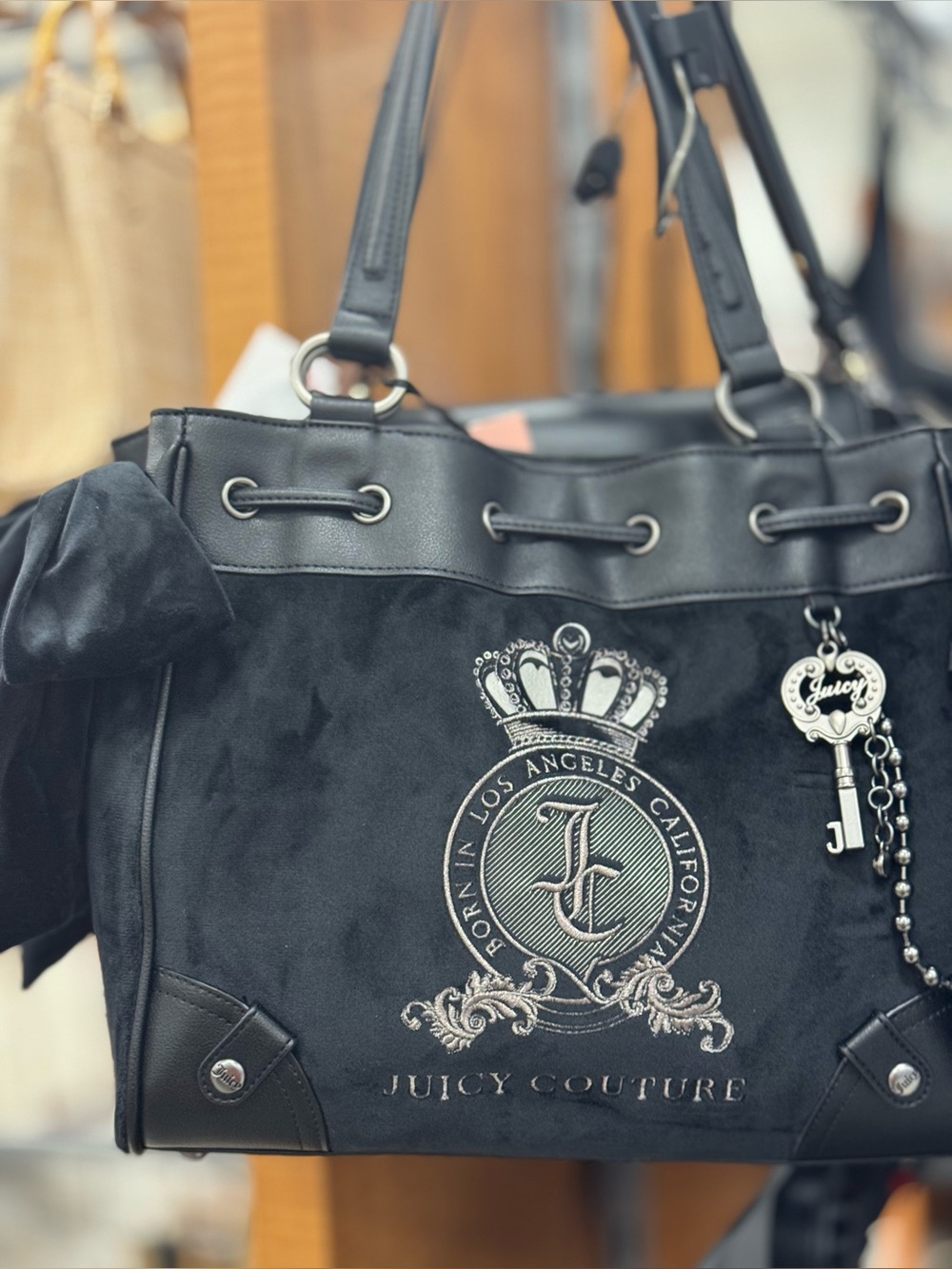 Juicy Couture Black Velvet Crest Tote with Key Charm